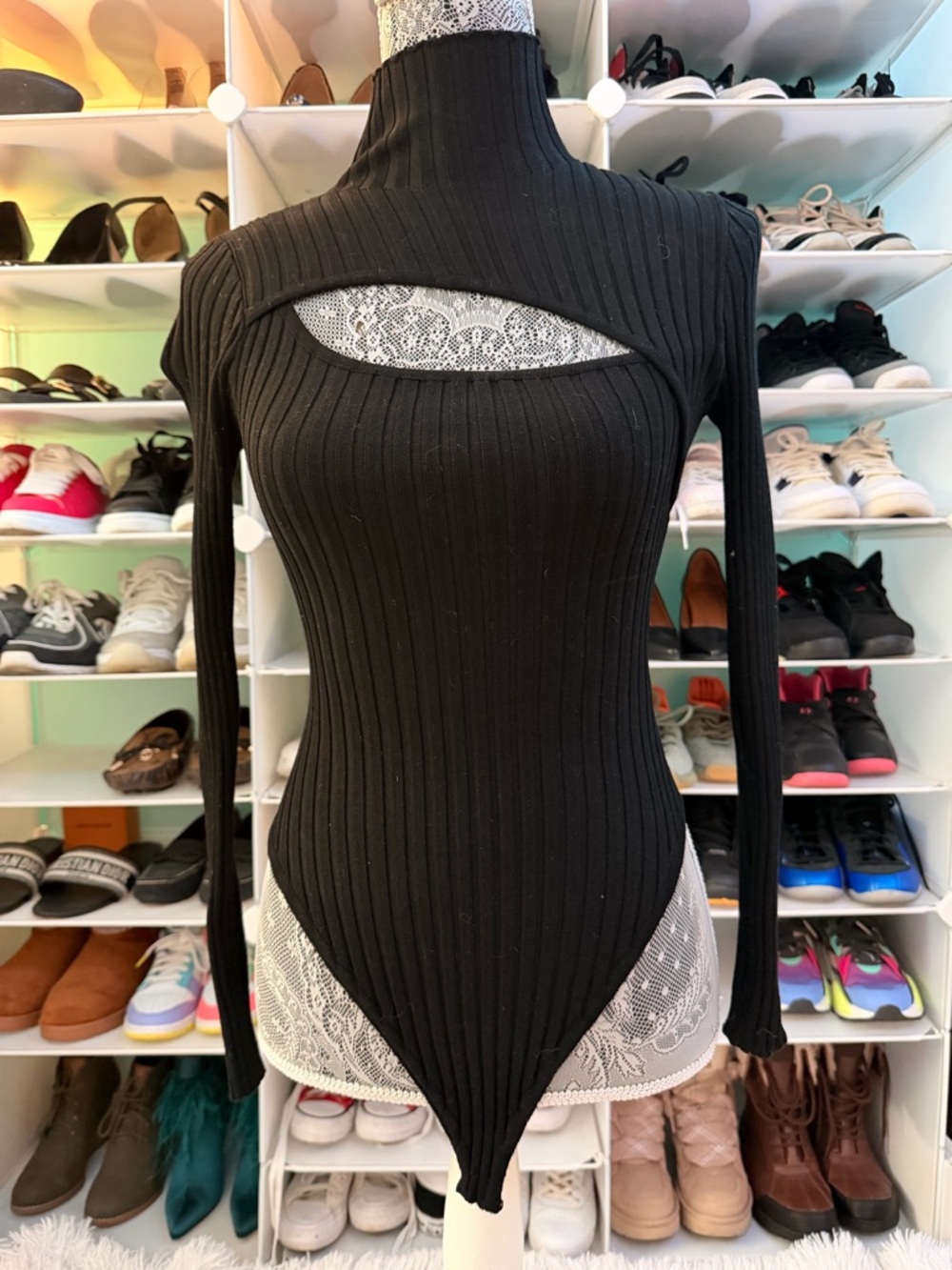 Fashion Nova Black Ribbed Cutout Turtleneck Bodysuit - Women M